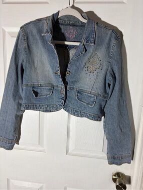Vintage Angels Forever Distressed light Cropped Denim Jean Jacket Size M